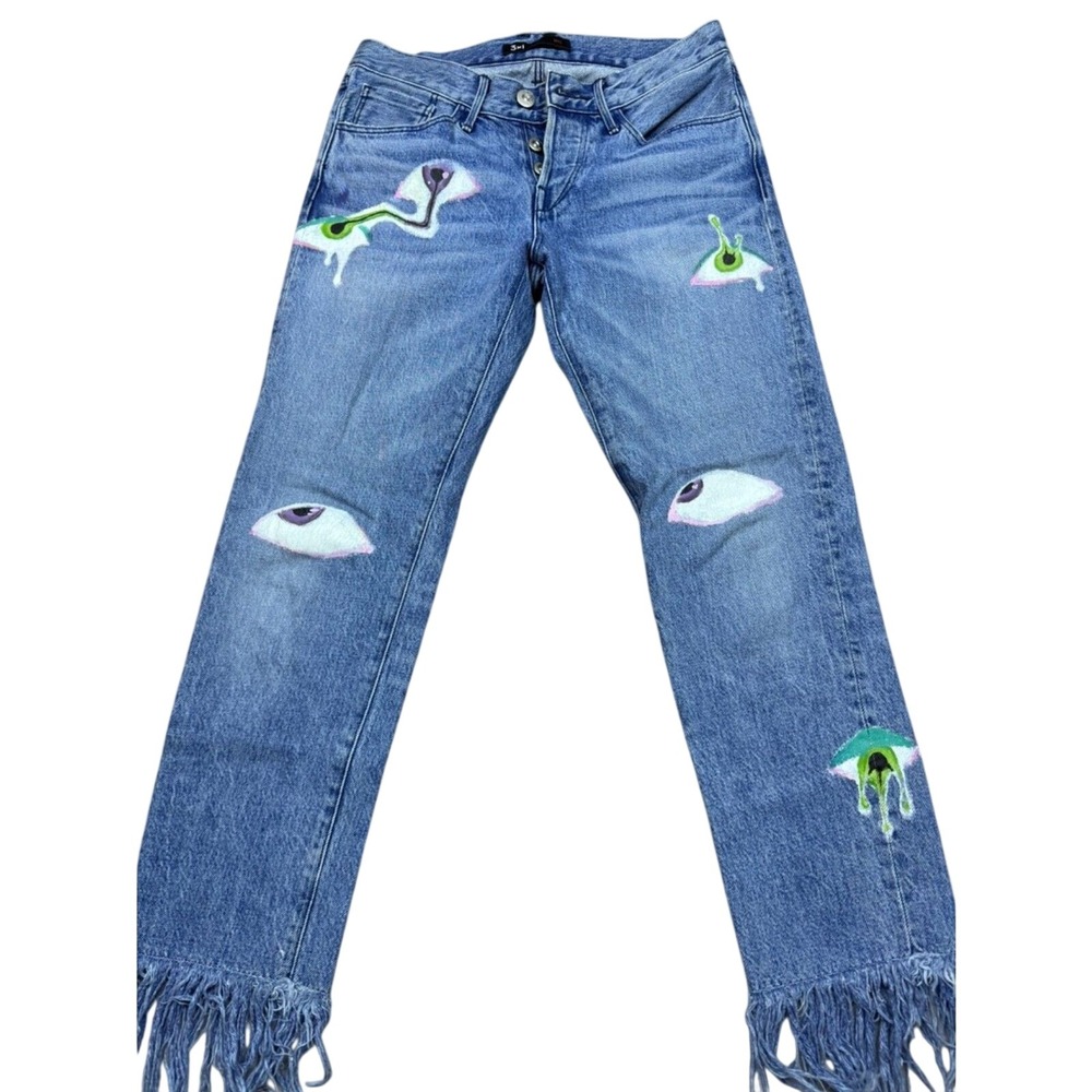 3x1 NYC Stella Custom Hand Painted Eyeball Graphics Fringe Hem Jeans